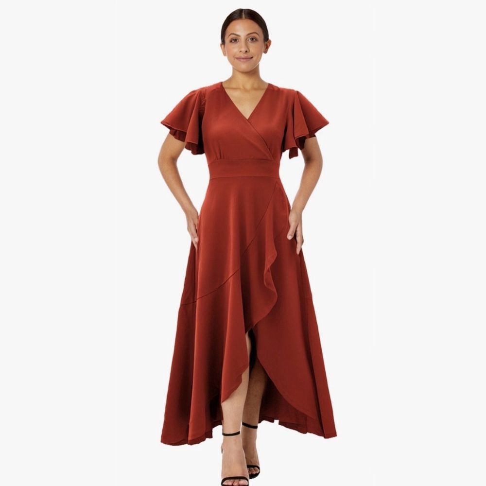 ZZV Formal Dress Long Split V Neck Wrap Ruffle A-Line Coral Rust Orange M NWT